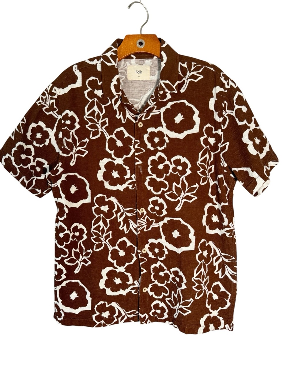 Folk Men's 100% Cotton Brown White Hawaiian Button Down Shirt Neutral M